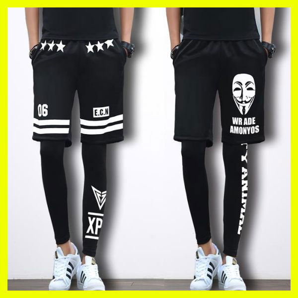 運動籃球跑步緊身褲男韓版潮流短褲假兩件打底褲秋季男士健身套裝