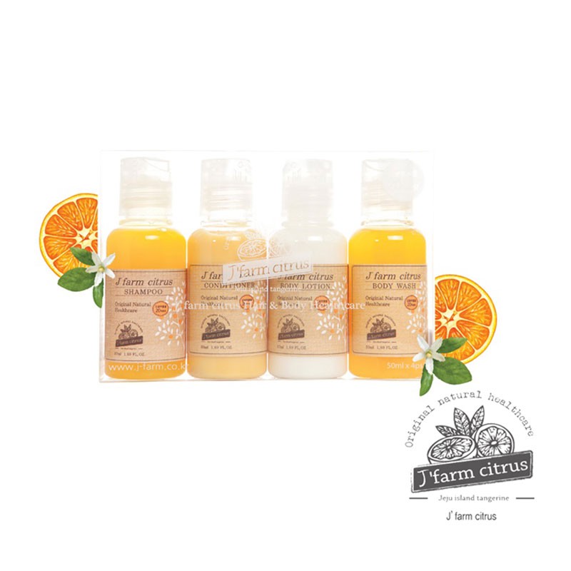 【商品特色】來自濟州島柑橘系列使用完閃亮光澤、重現柔順草本萃取、恢復彈性一起呵護肌膚、煥亮真我！【商品規格】品名：韓國 J farm 柑橘旅行套組款式：50mlx4效期：標示於包裝成分：標示於包裝貨源