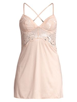 From the Style Standard Collection. Soft microfiber chemise with floral lace and crisscross at back,