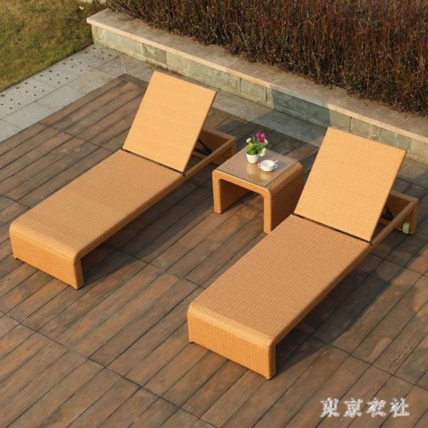 戶外泳池休閒躺椅庭院仿藤躺床露天酒店陽臺藤椅茶幾午休沙發躺椅 QQ29492『東京衣社』