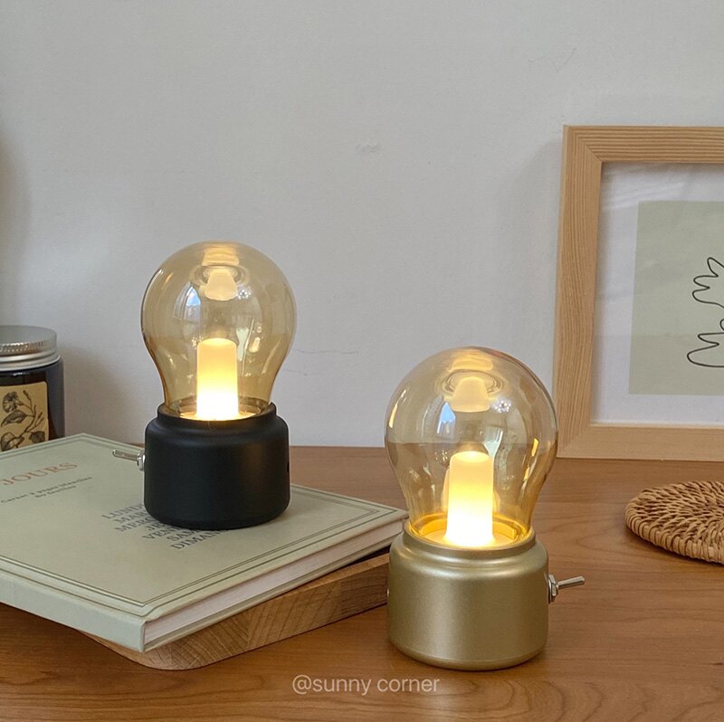 元氣角落 ins復古燈泡小夜燈桌面裝飾擺件usb充電式臥室床頭臺燈
