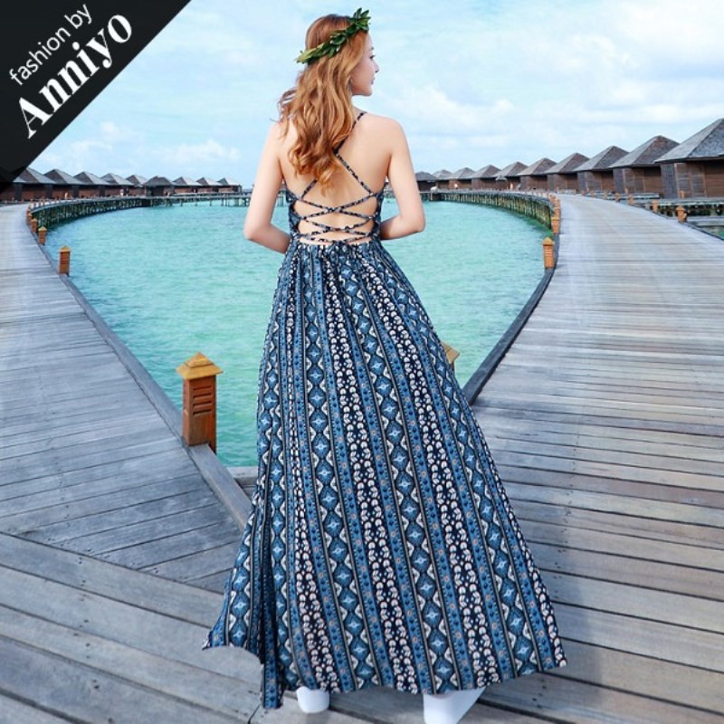 【Anniyo安妞】波西米亞細肩帶性感大露背綁帶顯瘦條紋雪紡海邊度假長裙沙灘裙長洋裝 藍條紋