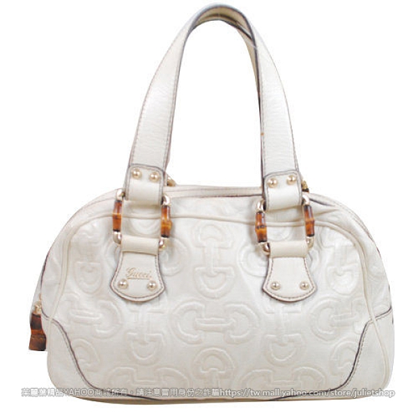 茱麗葉精品【9成新】GUCCI 154376 經典竹節雙G馬蹄鍊皮革壓紋波士頓包.米白