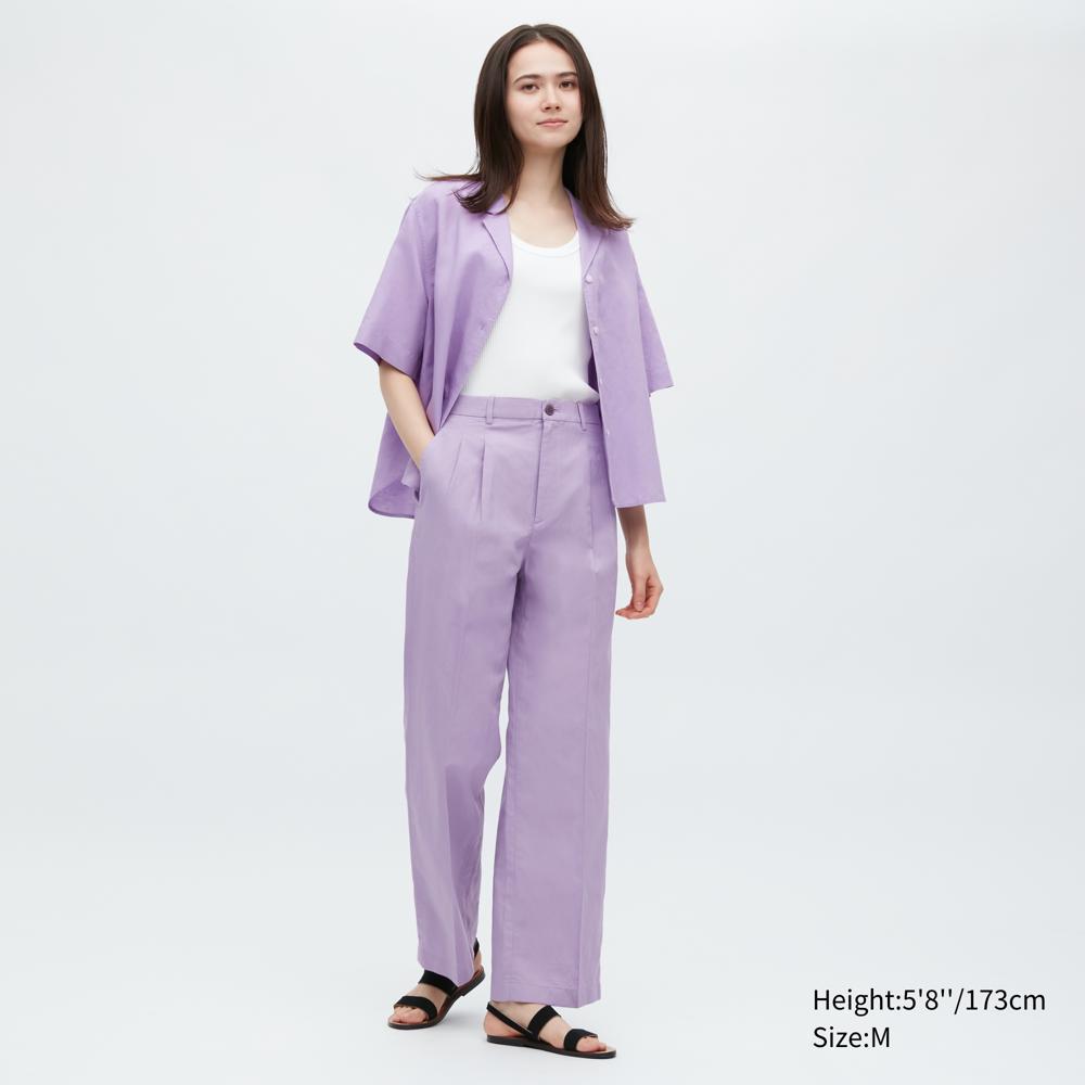 亞麻混紡打褶寬褲(稍長,褲長74cm)