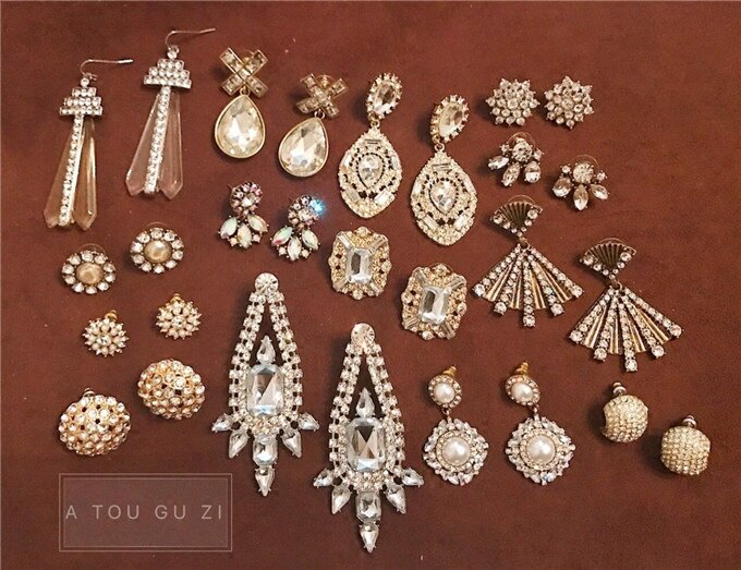 歐美古董氣質復古閃鉆寶石耳環奢華宮廷風金屬質感夸張耳釘耳飾女