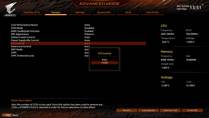 玩家可以在「Tweaker＞Advanced CPU Settings」頁面中所提供的選項，來設定處理器相關功能的運作狀態，包括選擇CCD與核心的開啟數量。