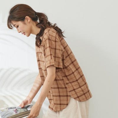 慢 生活 窗格紋色織上衣- 杏/卡