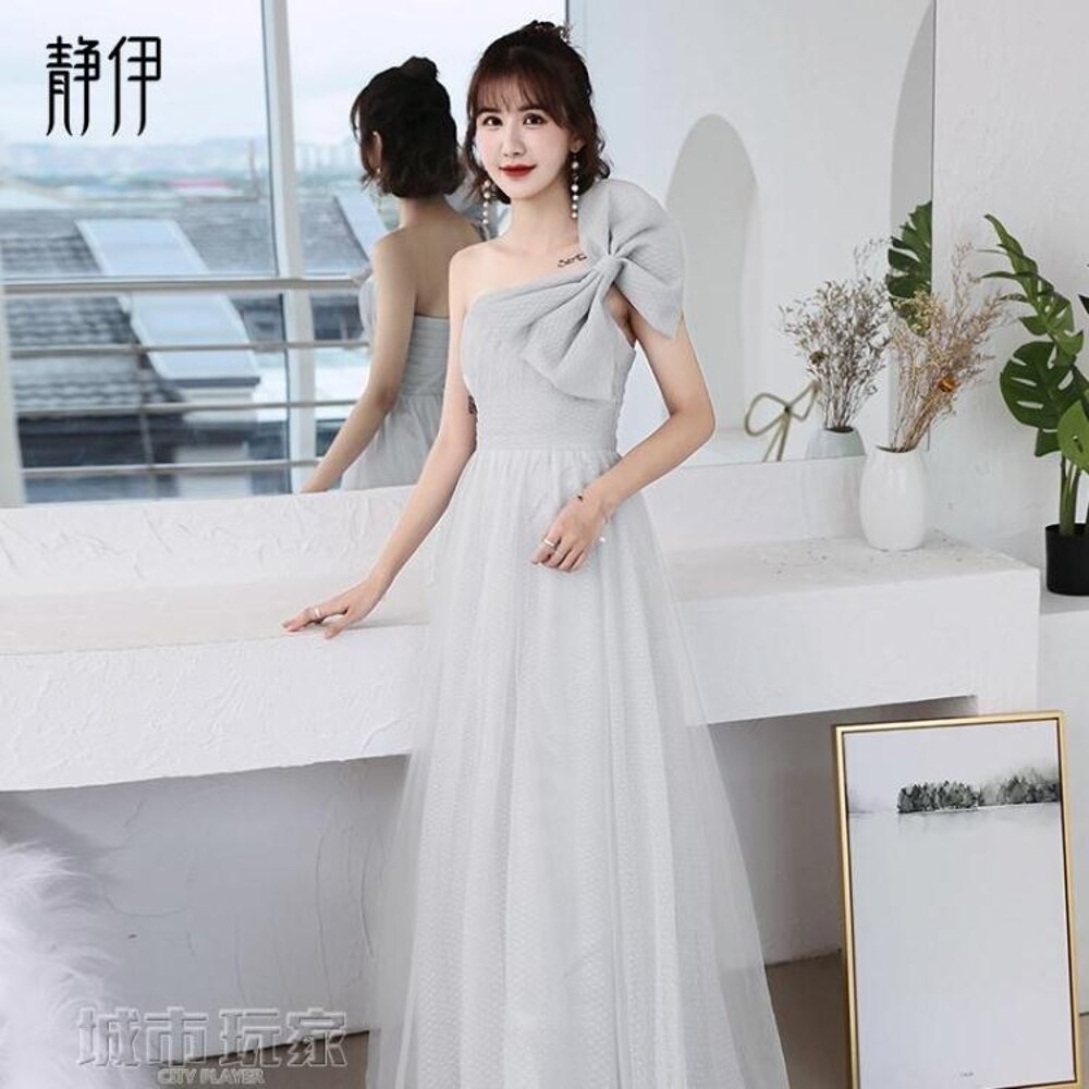 伴娘服 伴娘服新款冬季灰色長款婚禮姐妹團禮服閨蜜連衣裙女晚禮服裙 下標免運