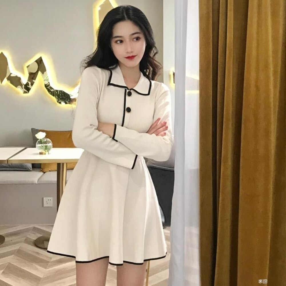 新款韓版早秋裙子復古中長款長袖針織裙修身顯瘦洋裝 享購