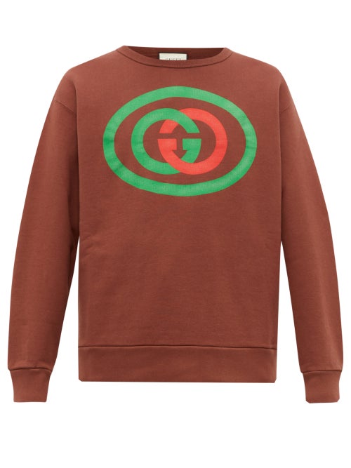 Gucci - The striking red and blue interlocking GG logo on the chest of this brown sweatshirt echoes 