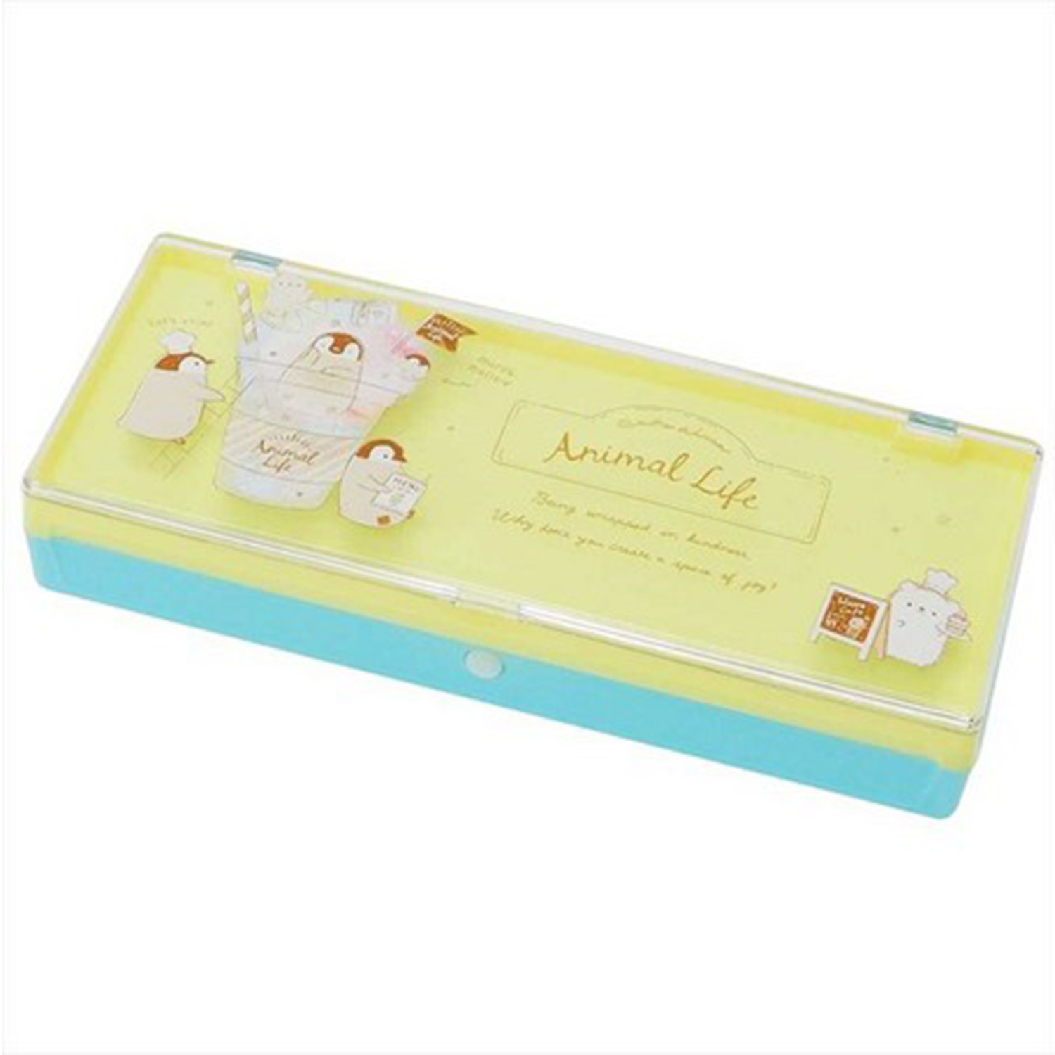 日本文具代購 - 硬殼雙層掀蓋鉛筆盒-甜點企鵝-黃X綠 (19.5x8x3.5cm)