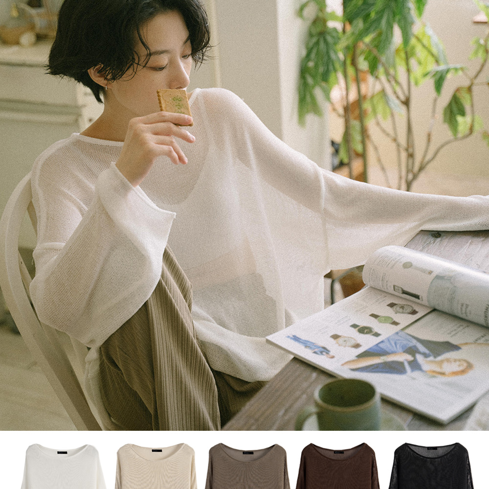 圓領捲邊造型落肩寬版針織上衣 五色售