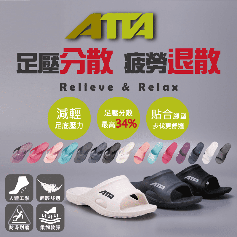ATTA減壓足弓防滑拖鞋(1146689)，中足內側至外側皆有穩定支撐，能有效舒緩足底壓力，有如穿著運動鞋般，行走無負擔。一體成型無接縫設計，彈性耐壓，久穿不易壞，貼合腳形，給你驚豔的行走體驗！夾腳式