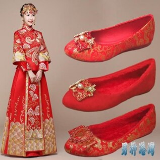 紅色秀禾服婚鞋女平底冬季大碼結婚鞋子2019新款中式新娘鞋紅布鞋 JY15028