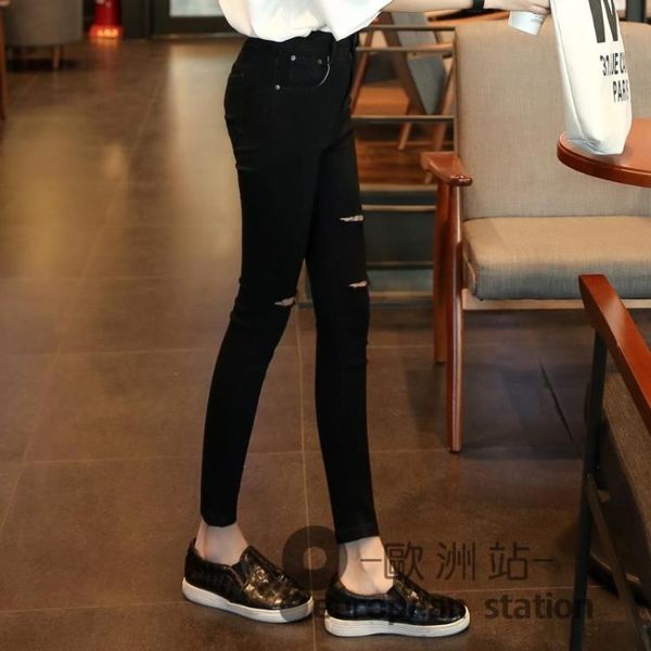 牛仔長褲 韓版高腰破洞牛仔褲女彈力小腳學生緊身黑色顯瘦九分 新春歡慶