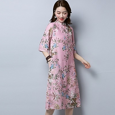 旗袍 五分袖連身裙-文藝復古棉麻碎花女連衣裙[時尚巴黎]