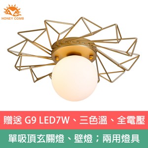 材質：金屬烤漆、白玉玻璃球 光源：贈送 G9 LED7W、三色溫燈泡、全電壓 單吸頂玄關燈、壁燈；兩用燈具