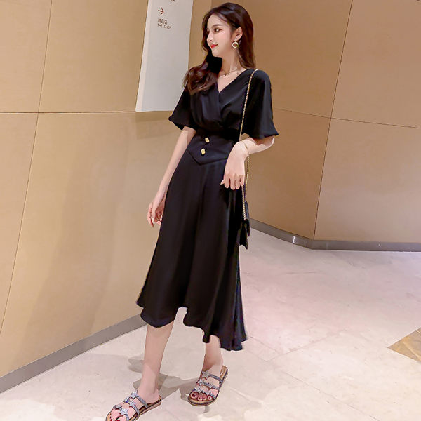 VK精品服飾 韓國風高腰V領復古修身顯瘦長版短袖洋裝