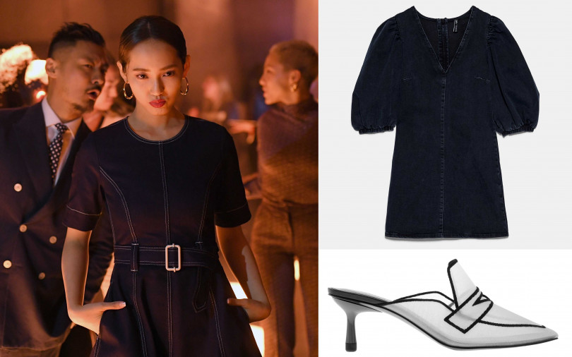 喜歡王棠云的穿搭妳可以這樣買！ZARA蓬肩袖牛仔洋裝／1,490元、CHARLES&KEITH透明網紗穆勒鞋／1,690元(圖／品牌提供)