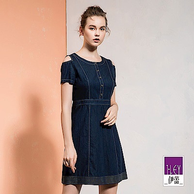 ILEY伊蕾 輕薄牛仔挖洞露肩洋裝(藍)