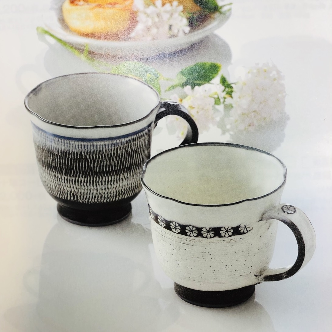 日本陶瓷【美濃燒】粉引印花馬克杯(對杯/2件) 日本製 鈴木秀俊作~陶器茶杯 咖啡杯 下午茶~窯燒杯~禮品