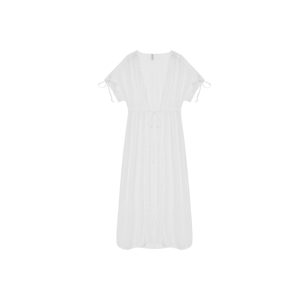 蕾絲門襟搭配抽縐設計，時尚造型，海灘女神風款式。Information商品材質 material材質厚度內裏彈性產地口袋數聚酯纖維一般無無中國0商品尺寸 size (平放測量/公分) 尺碼單肩寬胸寬下