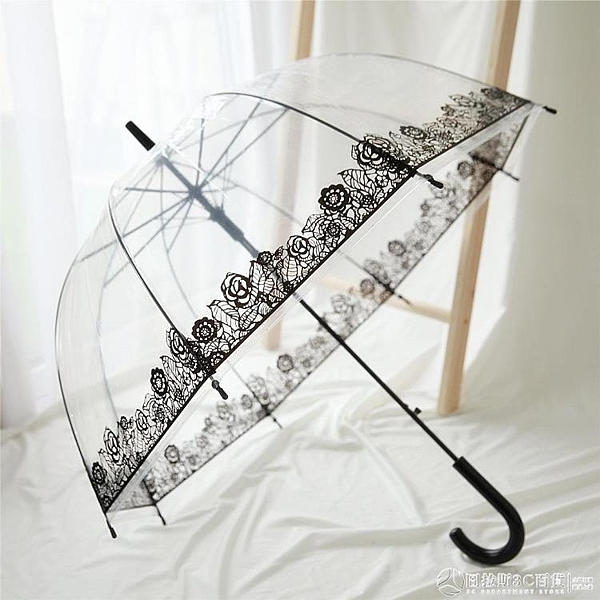 沛欣雨傘女 夏天復古城市玫瑰花黑邊透明傘半自動小清新長柄傘