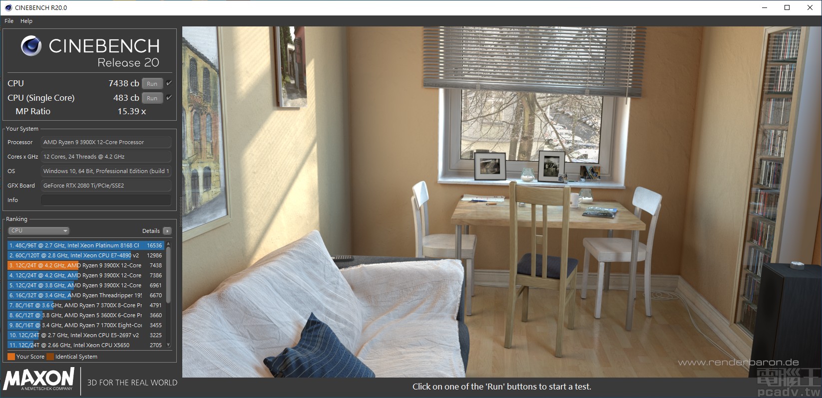 ▲ Ryzen 9 3900X 超頻至 4.2GHz，CINEBENCH R20 多執行緒為 7438cb，單執行緒則是略微退縮至 483。（點圖放大）