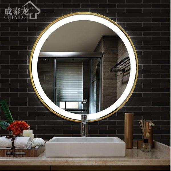 化妝鏡鋁合金圓形浴室鏡燈鏡LED衛生間鏡子防爆酒店廁所智能鏡子80cm-凡屋FC