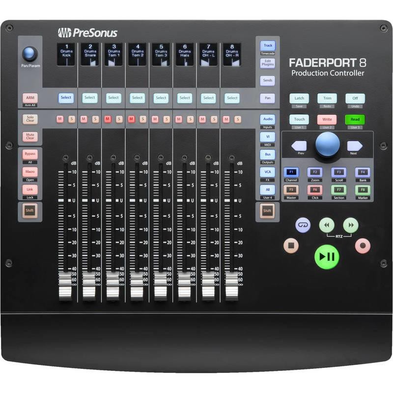 使用presonus faderport 8控制介面可以節省混音和控制daw的時間這種8推桿控制表面具有100毫米電動觸敏推桿可輕鬆操縱並精確遵循自動化通道控件包括所有標準例如電平pan移獨奏靜音和錄