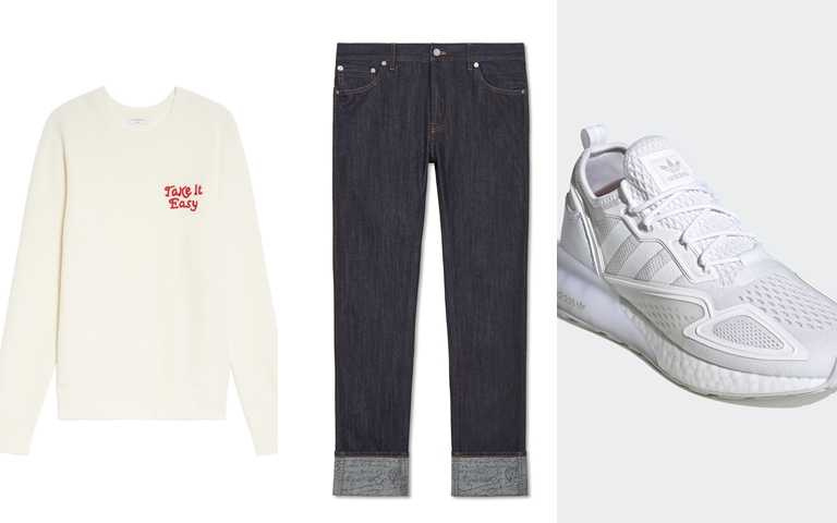 喜歡他的穿搭你可以這樣買！Berluti Scritto圖紋反摺牛仔褲/27,800元、Sandro Homme淺米色Take It Easy 設計衛衣/10,440元、adidas Originals ZX 2K BOOST/5,090元(圖／品牌提供)