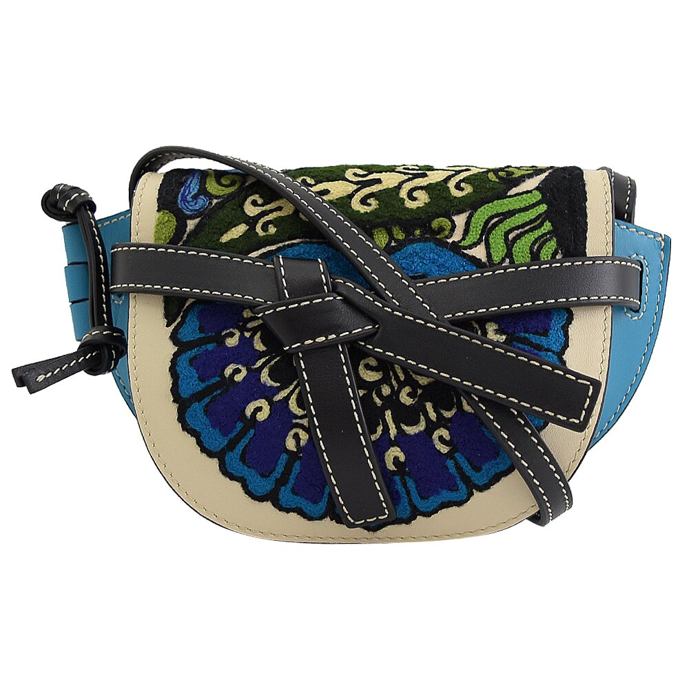 LOEWE 專櫃商品 Gate Floral Mini 綁結拼色斜背馬鞍包.藍