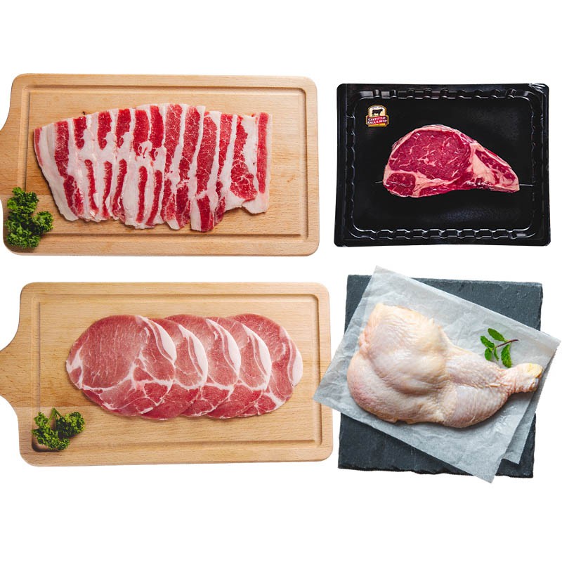 小資肉箱內容:美國CAB肋眼心(貼體包裝)(227g/盒)*1美國牛五花肉片 (200g/盒 ±5%)*1西班牙優質梅花豬肉片 (200g/盒 ±5%)*1鮮嫩無骨雞腿排 (300g/包 ±5%)*1