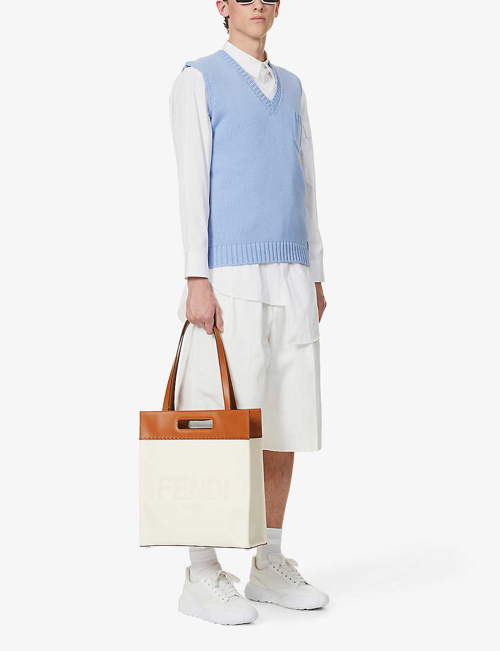 FENDI Roma brand-embroidered cotton-blend canvas and leather tote bag