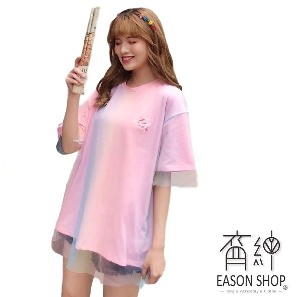 EASON SHOP(GW2262)實拍刺繡星球網紗假兩件長版圓領短袖t恤女上衣服寬鬆落肩中長款棉質閨蜜裝大碼