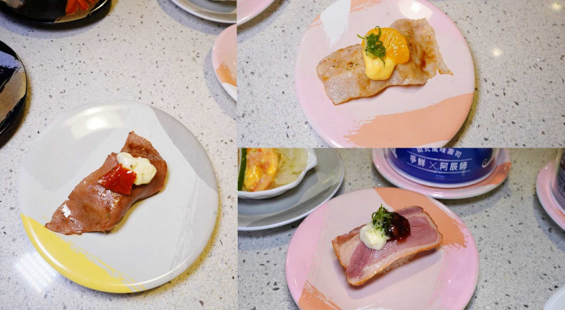6款壽司中最具強烈歐風特色的可說是法式的「無花果櫻桃鴨」（右下）、「香草柑橘松阪豬」（右上）及義式的「油漬番茄翼板牛」。（圖／魏妤靜攝）