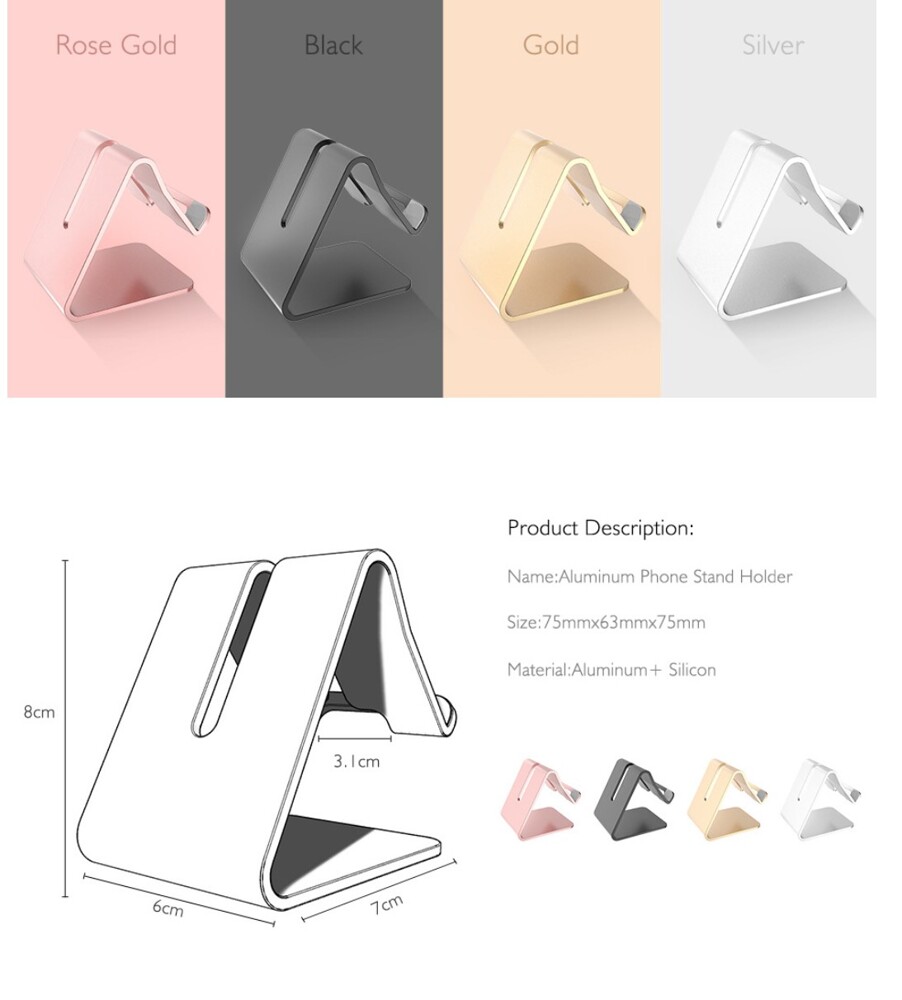 產品名稱：金屬支架 產品顏色：黑色、銀色、玫紅色、金色 材 質：金屬材制 產品尺寸：76*64*77（MM） 產品工藝；金屬衝壓 適用產品：手機、平板電腦通用； 重 量：大約130g(含包裝） 產品介
