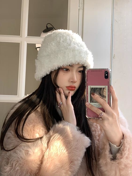 粥可可 仿皮草白色毛絨帽子女冬可愛毛線針織帽女ins保暖護耳冷帽 雙十一全館距惠