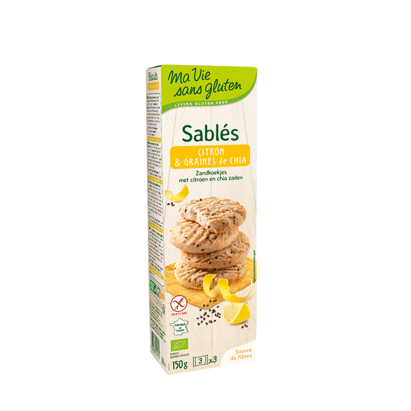 ．香酥的口感中奇亞籽將南法黃檸檬精油的層次提出，也增加整體的韻味，是茶點的好選擇．使用RSPO認證棕梠油，帶來米餅乾香酥口感及環境的永續發展．無麩質食品,歐洲之葉認證