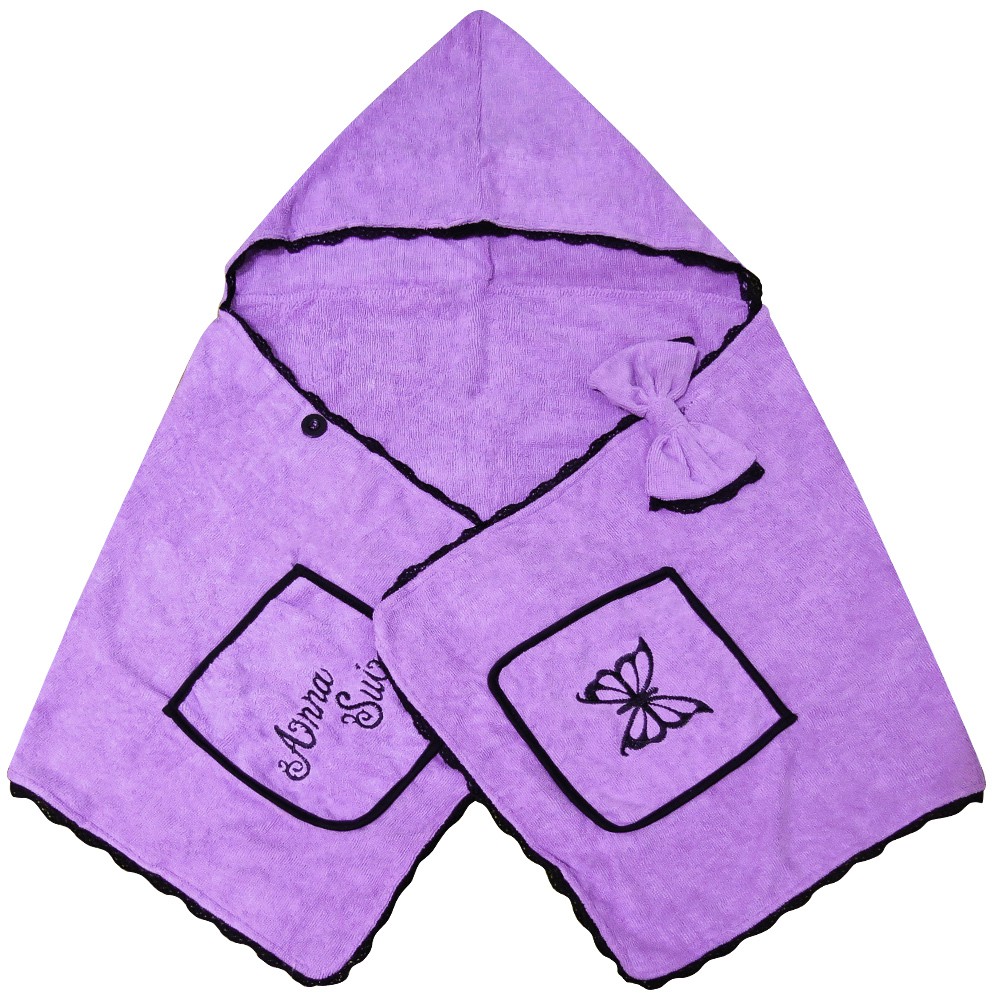 商品名稱：ANNA SUI 安娜蘇 炫紫蝶戀連帽浴巾容量：1入尺寸：帽子約 28*46 cm；浴巾約140* 42 cm。貨源：公司貨保存期限：3年 (依商品包裝顯示)產地：中國(每批專櫃到貨產地不一