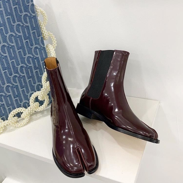 M6家分趾鞋短靴女2023秋冬新款粗跟馬丁靴真皮高幫拼接切爾西靴