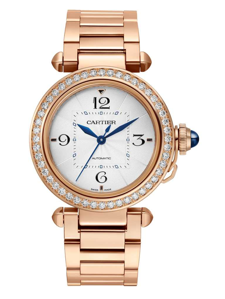 CARTIER「Pasha de Cartier系列」腕錶，18K玫瑰金錶殼，錶徑35mm，鑽石48顆╱1,190,000元。（圖╱CARTIER提供）