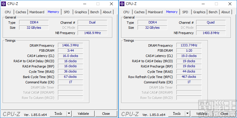 X399 MEG Creation 主機板於 DDR4-2933 自動選擇 16-16-16-36 時序，X299 Killer SLI/ac 則是於 DDR4-2666 自動選擇 19-19-19-44 時序