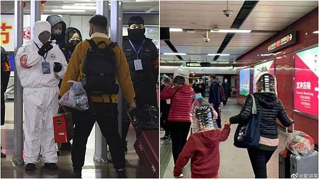 武漢肺炎疫情延燒，網流傳大陸人民自製防護口罩照片。(圖／達志影像美聯社、翻攝自微博)