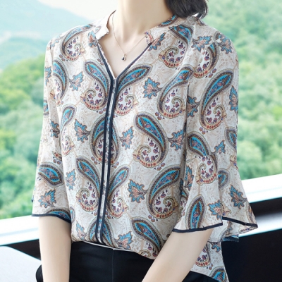 綻放 中袖印花雪紡襯衫-共2色-(M-2XL可選)