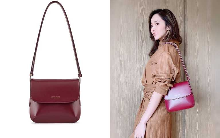  侯佩岑以奶茶色抓皺連身裙裝搭配永不退流行的金屬霧感幾何飾品，亞麻色的微捲長髮與鮭魚裸色唇膏，La Prima勃艮地酒紅包，映襯出個人的高雅氣質。（圖／品牌提供） 