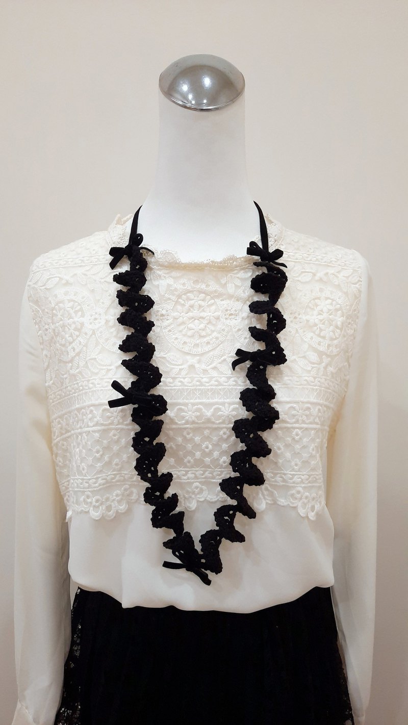 手工編織優雅名伶黑色蕾絲項鍊 (蝴蝶結/長鍊/禮服裝飾/日常搭配)