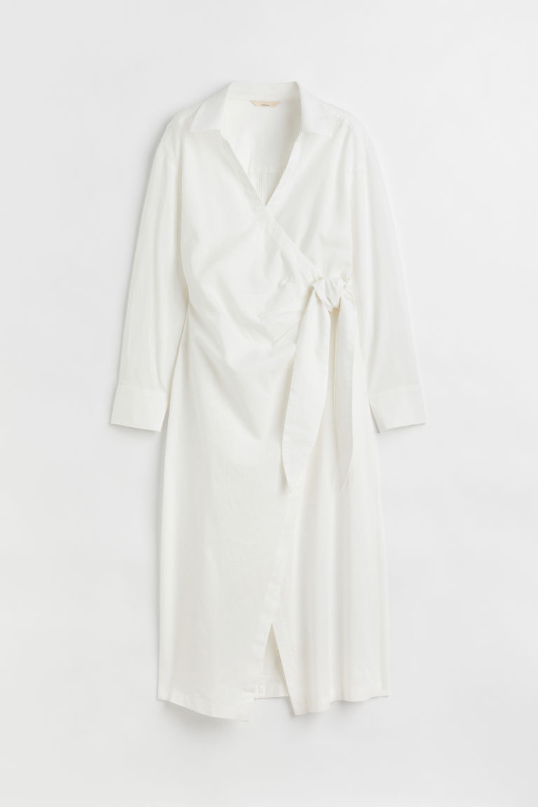 H & M - 亞麻混紡襯衫式洋裝 - 白色