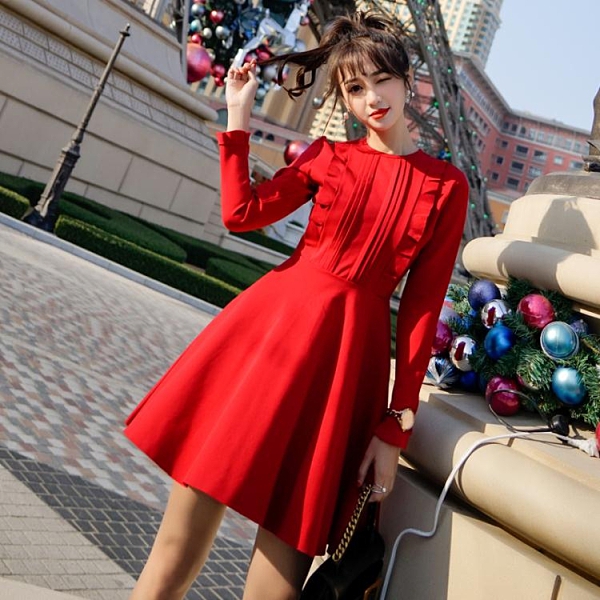 禮服裙女好康推薦秋冬保暖新品赫本小黑裙中長版復古氣質荷葉邊紅色尾牙禮服洋裝