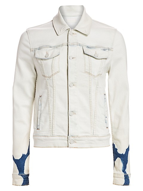 Fitted trucker jacket marked with denim-tone tie-dye for an edgy look.; Point collar; Long sleeves; 